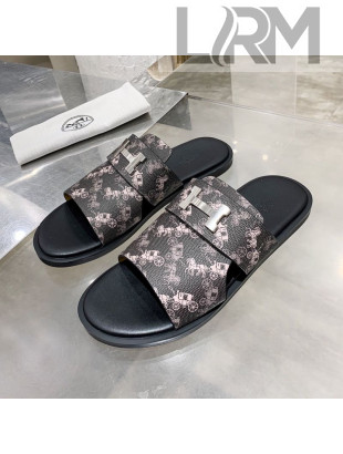 Hermes Men's Izmir H Print Calfskin Flat Slide Sandals Black/Grey 25 2021