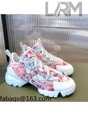 Dior D-Connect Dioramour Sneakers in D-Royaume d'Amour Printed Technical Fabric White/Red 2021
