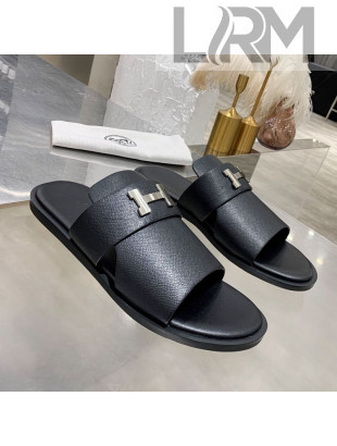 Hermes Men's Izmir H Calfskin Flat Slide Sandals Black 15 2021