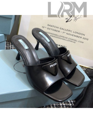 Prada Shiny Leather Heel Slide Sandals Black 2021