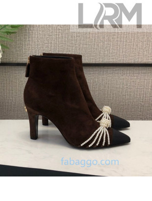 Chanel Suede Pearl Knot Heel Short Boots 85mm Brown 2020