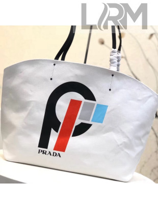 Prada Printed Canvas Large Tote with Lettering Print 1BG220 White 2018