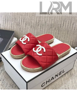Chanel Quilted Lambskin Flat Espadrilles Slide Sandals Red 2021