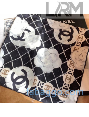 Chanel Silk Twill Camellia Square Scarf 90x90 Black 2020
