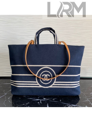 Chanel Striped Denim Large Shopping Bag Blue 2021