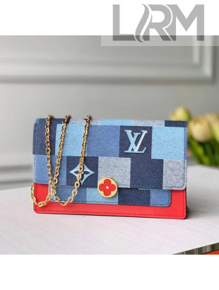 Louis Vuitton Flower Chain Wallet WOC in Damier Monogram Denim Canvas M69036 Blue/Red 2020