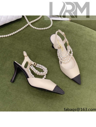 Chanel Lambskin Slingbacks With Heel Imitation Pearls G37532 Off-white 2021