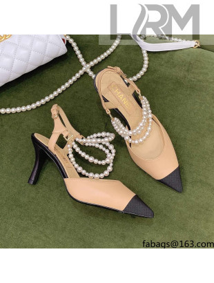 Chanel Lambskin Slingbacks With Heel Imitation Pearls G37532 Apricot 2021
