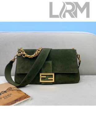Fendi Large Baguette Suede Shoulder Bag Green 2021 308L