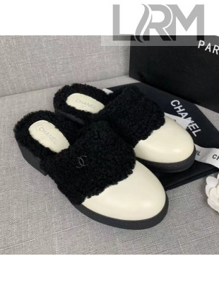 Chanel Leather Shearling Wool Flat Mules White 2020