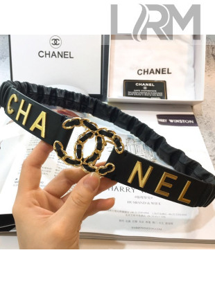 Chanel Stretch Pleated Leather Belt 30mm with CC Buckle AA0538 Black 2019