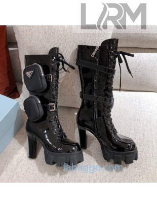 Prada Patent Leather Heel Platform High Boots with Nylon Pouch Black 2020