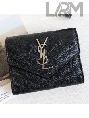 Saint Laurent Monogram Compact Tri Fold Small Wallet in Grained Leather 403943 Black/Silver 2019