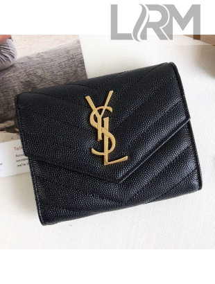 Saint Laurent Monogram Compact Tri Fold Small Wallet in Grained Leather 403943 Black/Gold 2019