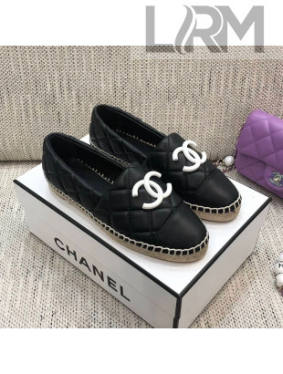 Chanel Quilted Lambskin Flat Espadrilles with White CC Black 2021