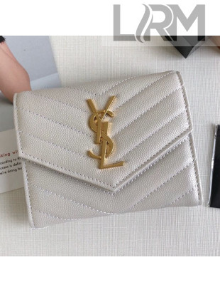 Saint Laurent Monogram Compact Tri Fold Small Wallet in Grained Leather 403943 White 2019
