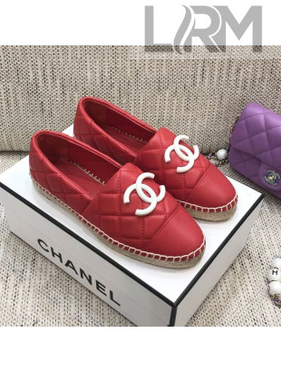 Chanel Quilted Lambskin Flat Espadrilles with White CC Red 2021