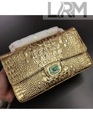 Chanel Metallic Crocodile Embossed Calfskin Medium Classic Flap Bag A01112 Gold 2019