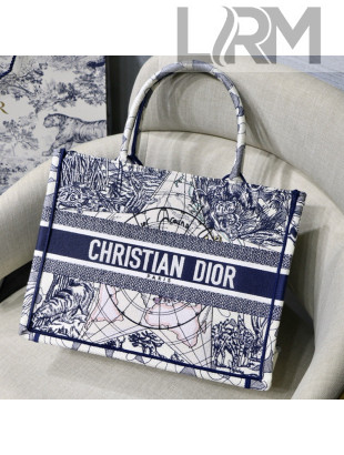 Dior Medium Book Tote Bag in Blue Around World Embroidery 2021