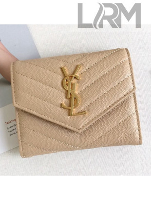 Saint Laurent Monogram Compact Tri Fold Small Wallet in Grained Leather 403943 Apricot 2019