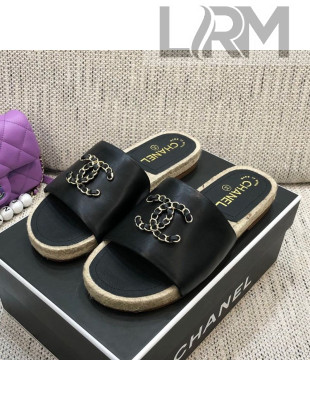 Chanel Chain CC Lambskin Espadrilles Slide Sandals Black 2021