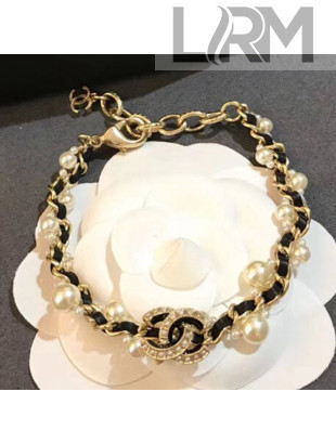Chanel Chain and Leather Bracelet AB1510 Black 2019