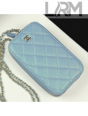 Chanel Iridescent Grained Quilted Calfskin Long Clutch with Chain Light Blue 2019