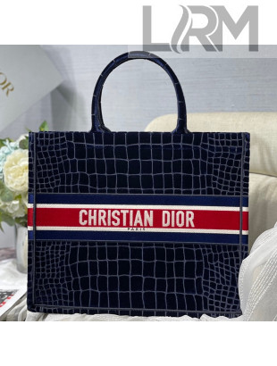 Dior Large Book Tote Bag in Blue Crocodile-Effect Embroidered Velvet 2021