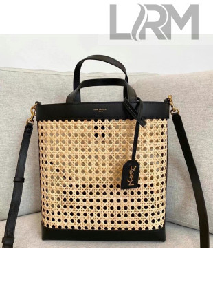 Saint Laurent N/S Toy Shopping Bag In Woven Cane and Leather 655161 Beige/Black 2021
