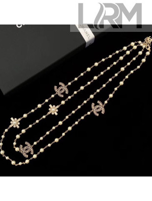Chanel Double Cross CC Pearls Long Sweater Necklace White/Gold 2019