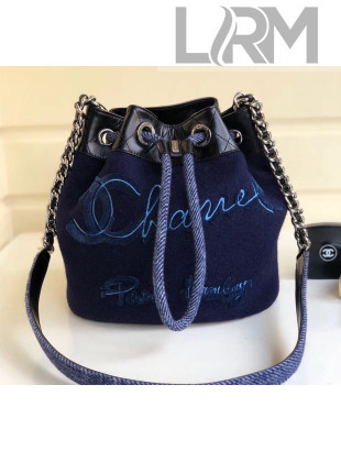 Chanel Embroidered Wool and Calfskin Bucket Bag A57521 Black/Blue 2019