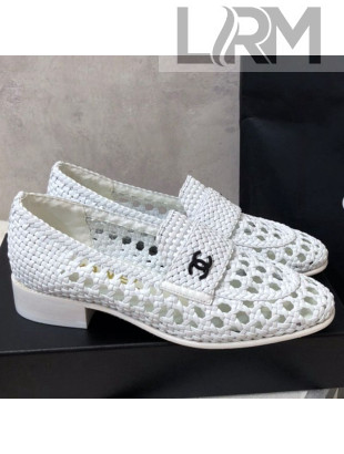 Chanel Shiny Braided Mesh Calfskin Loafers G37403 White 2021