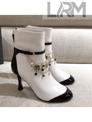 Chanel Leather Short Boots with Camellia Tassel Charm White 2020