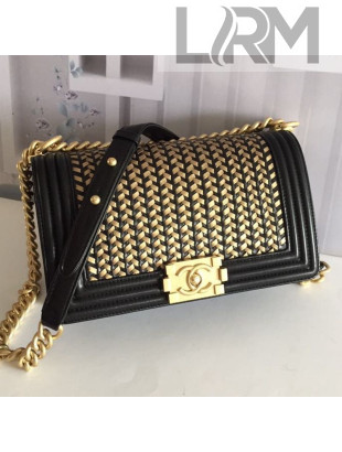 Chanel Metallic Braided Leather Medium Classic Boy Flap Bag A67085 Black 2019