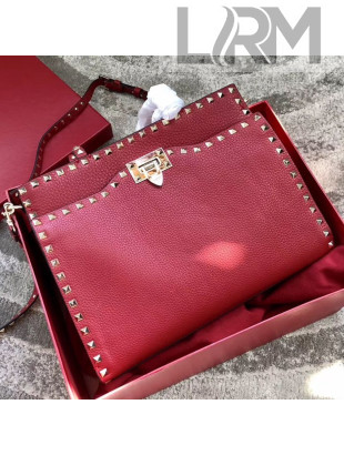 Valentino Grained Calfskin Rockstud Large Top Handle Bag Red Fall 2018