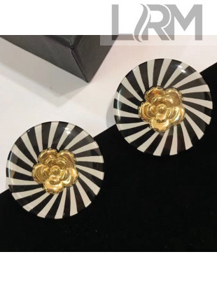 Chanel Camellia Stripes Round Stud Earrings White/Black/Gold 2019