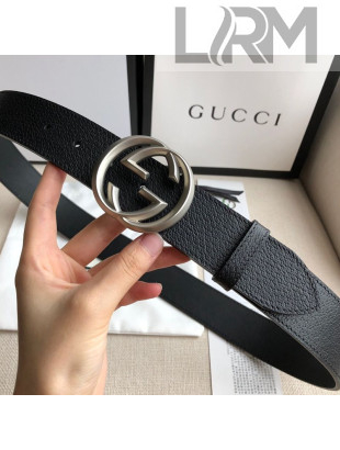 Gucci Grained Leather Belt 38mm with Interlocking G Buckle Black/Silver