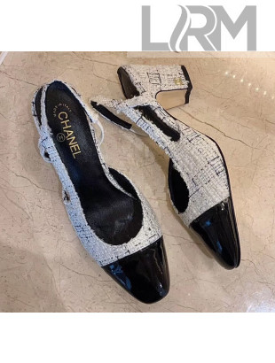 Chanel Slingbacks In Patent Leather & Tweed G31318 White/Black 2020