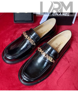 Chanel Shiny Leather CAHNEL Charm Loafers Black 2021