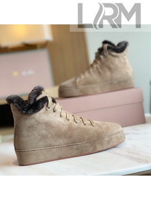 Loro Piana High-Top Suede Nuages Sneaker with Fur Camel 2021