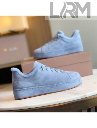 Loro Piana Low-Top Suede Nuages Sneaker with Fur Blue 2021