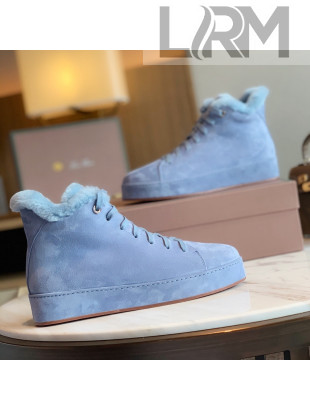 Loro Piana High-Top Suede Nuages Sneaker with Fur Blue 2021