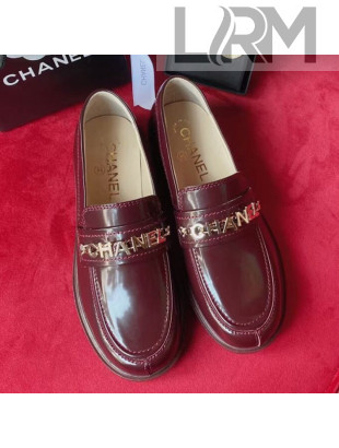 Chanel Shiny Leather CAHNEL Charm Loafers Burgundy 2021