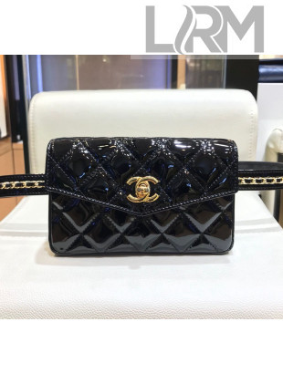 Chanel Patent Leather Chain Flap Waist Bag Black 2019