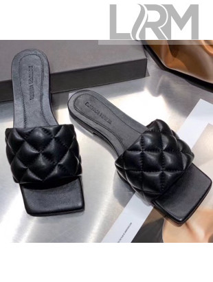 Bottega Veneta Quilted Leather Square Toe Flat Slides Padded Sandals Black 2020