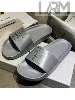 Balenciaga Leather Language Print Flat Slide Sandals Grey 01 2021 (For Women and Men)