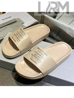 Balenciaga Leather Language Print Flat Slide Sandals Beige 2021 (For Women and Men)