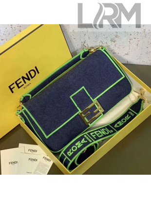 Fendi Baguette Large Denim Flap Bag Dark Blue/Neon Green 2019