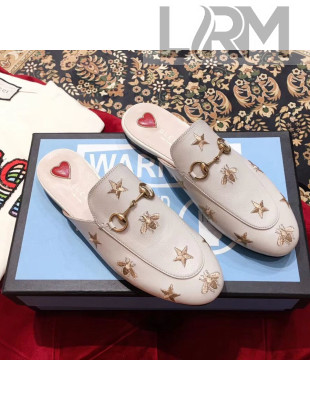 Gucci Pricetown Flat Embroidered Bee Leather Slipper Mules White/Gold 2019