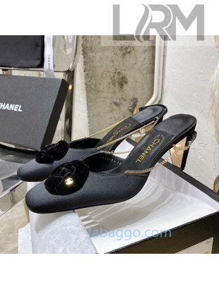 Chanel Silk Slingback Pumpa with Camellia and Chain Charm G369126 Black 2020